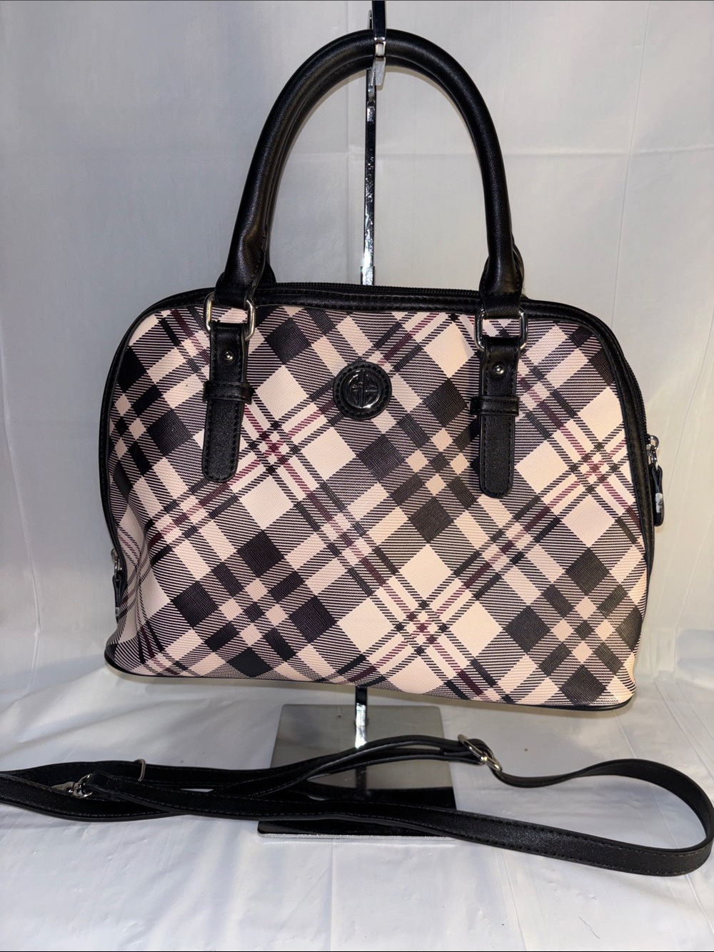 Gianibernini Women's Pink Plaid Satchel Handbag with Black Trim